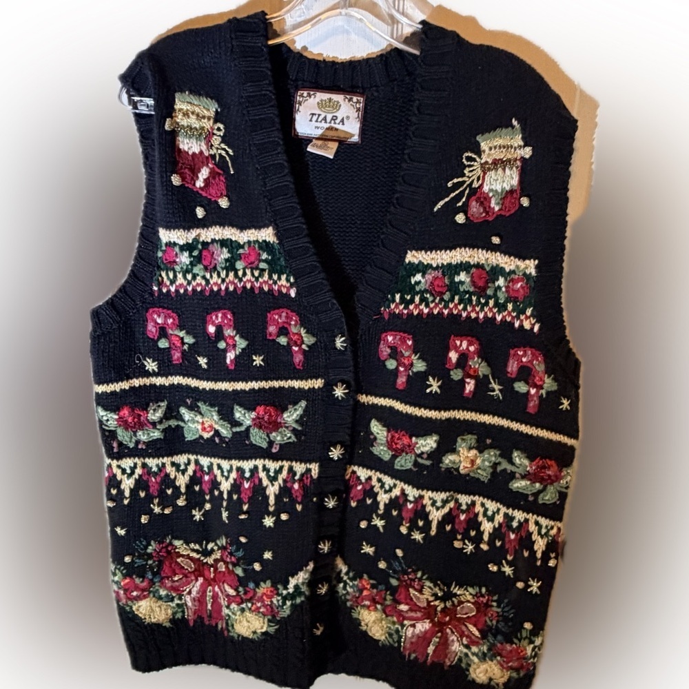Vintage Tiara Embroidered Christmas Sweater Vest